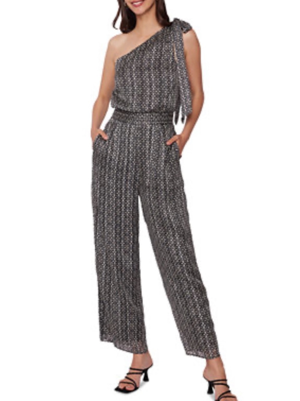 NWT Anthropologie Lost + Wander  Mira Black & Ivory Multi One Shoulder Jumpsuit